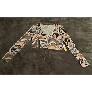 NWT Riley & James Abstract Multicolor Cropped Cardigan LS Top L Y2K McBling 70s